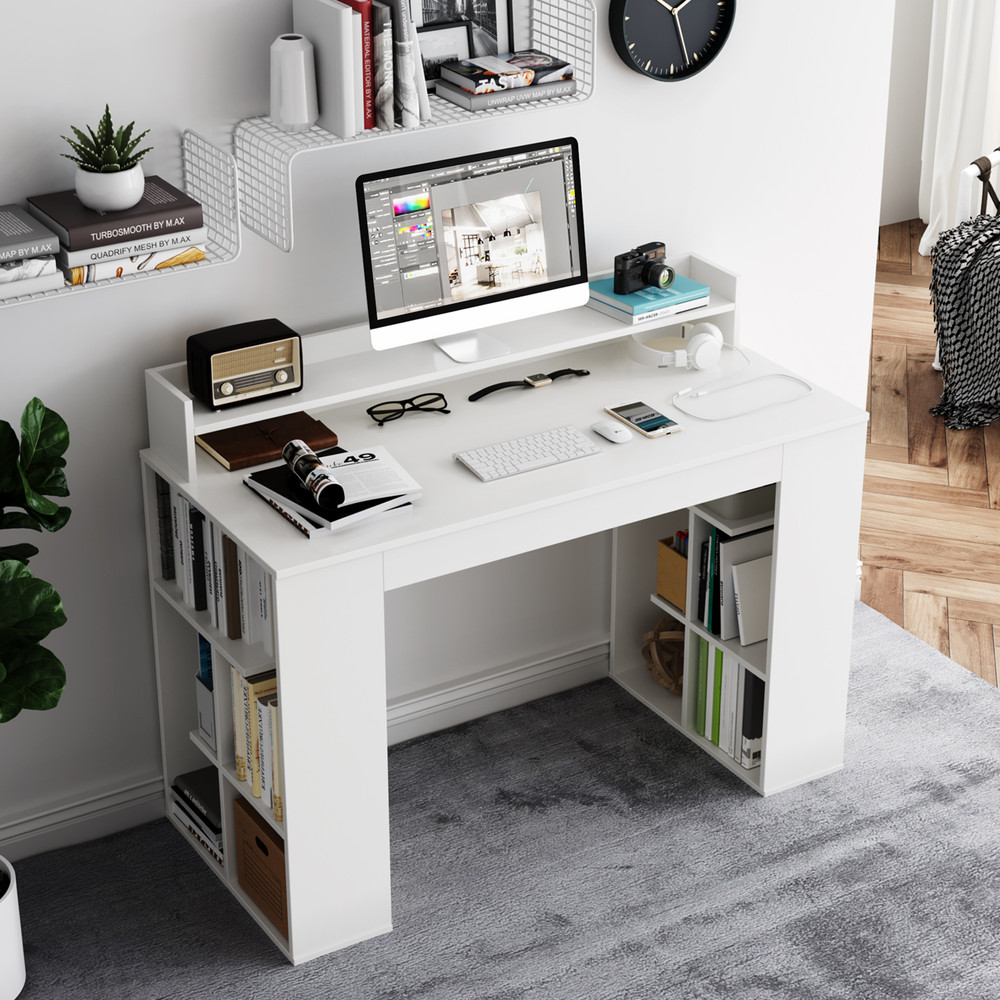 Modern Computer Desk For Office Dual 3Tier Bookshelves With Elevated Monitor Shelf 1