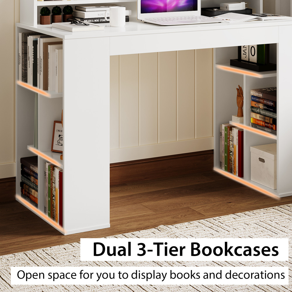 Modern Computer Desk For Office Dual 3Tier Bookshelves With Elevated Monitor Shelf 4