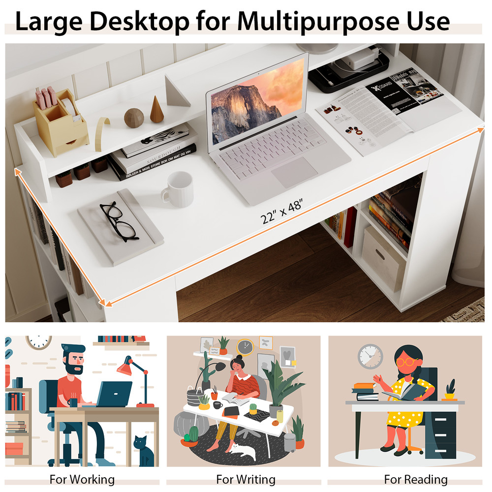 Modern Computer Desk For Office Dual 3Tier Bookshelves With Elevated Monitor Shelf 2