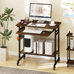 adjustable rolling laptop desk with pull-out tray & storage hooks, compact & portable