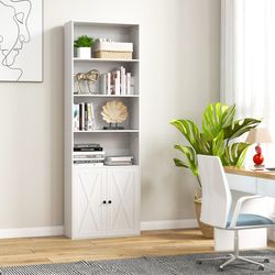 freestanding bookshelf with 6 shelves and 2-door cabinet, elegant farmhouse white bookcase for organized storage