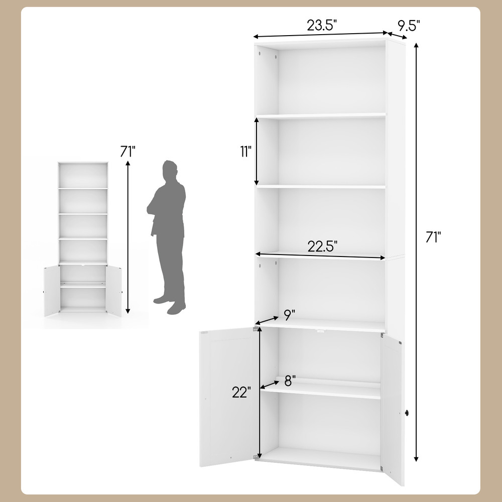 71 Inch Freestanding Bookshelf With 6 Shelves And 2Door CabinetWhite 7