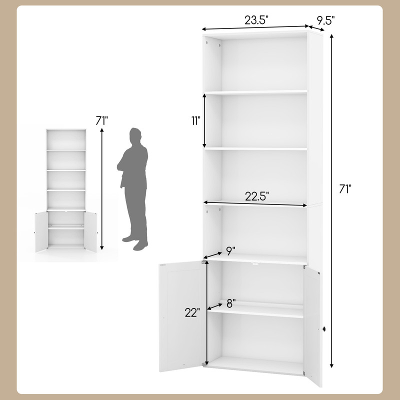 71 Inch Freestanding Bookshelf With 6 Shelves And 2Door CabinetWhite 7
