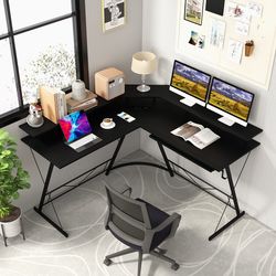 l-shaped computer desk with power outlet and monitor stand, large corner workstation with keyboard tray, usb charging