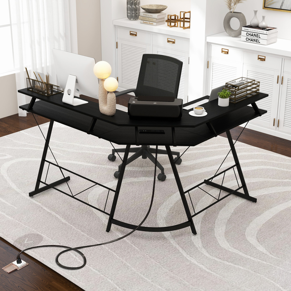 LShaped Computer Desk With Power Outlet And Monitor Stand Large Corner Workstation With Keyboard Tr 1