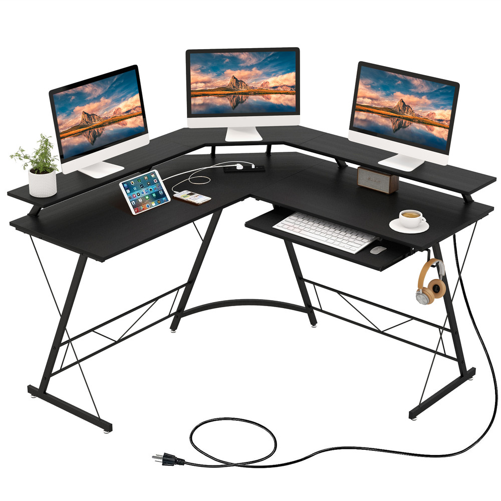 LShaped Computer Desk With Power Outlet And Monitor Stand Large Corner Workstation With Keyboard Tr 5