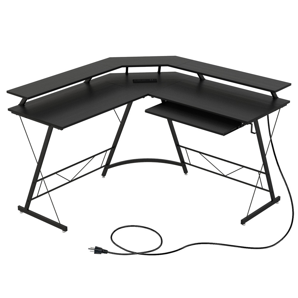 LShaped Computer Desk With Power Outlet And Monitor Stand Large Corner Workstation With Keyboard Tr 6