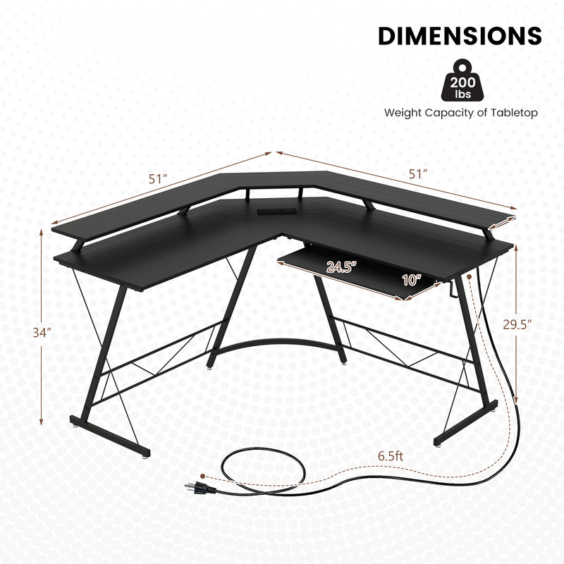 LShaped Computer Desk With Power Outlet And Monitor Stand Large Corner Workstation With Keyboard Tr 7