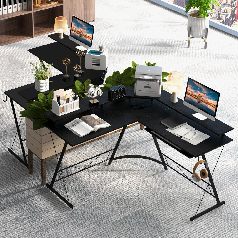 LShaped Computer Desk With Power Outlet And Monitor Stand Large Corner Workstation With Keyboard Tr 2