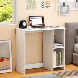 31.5 inch modern home office desk with 2 compartments, compact computer table with storage shelves, small writing desk