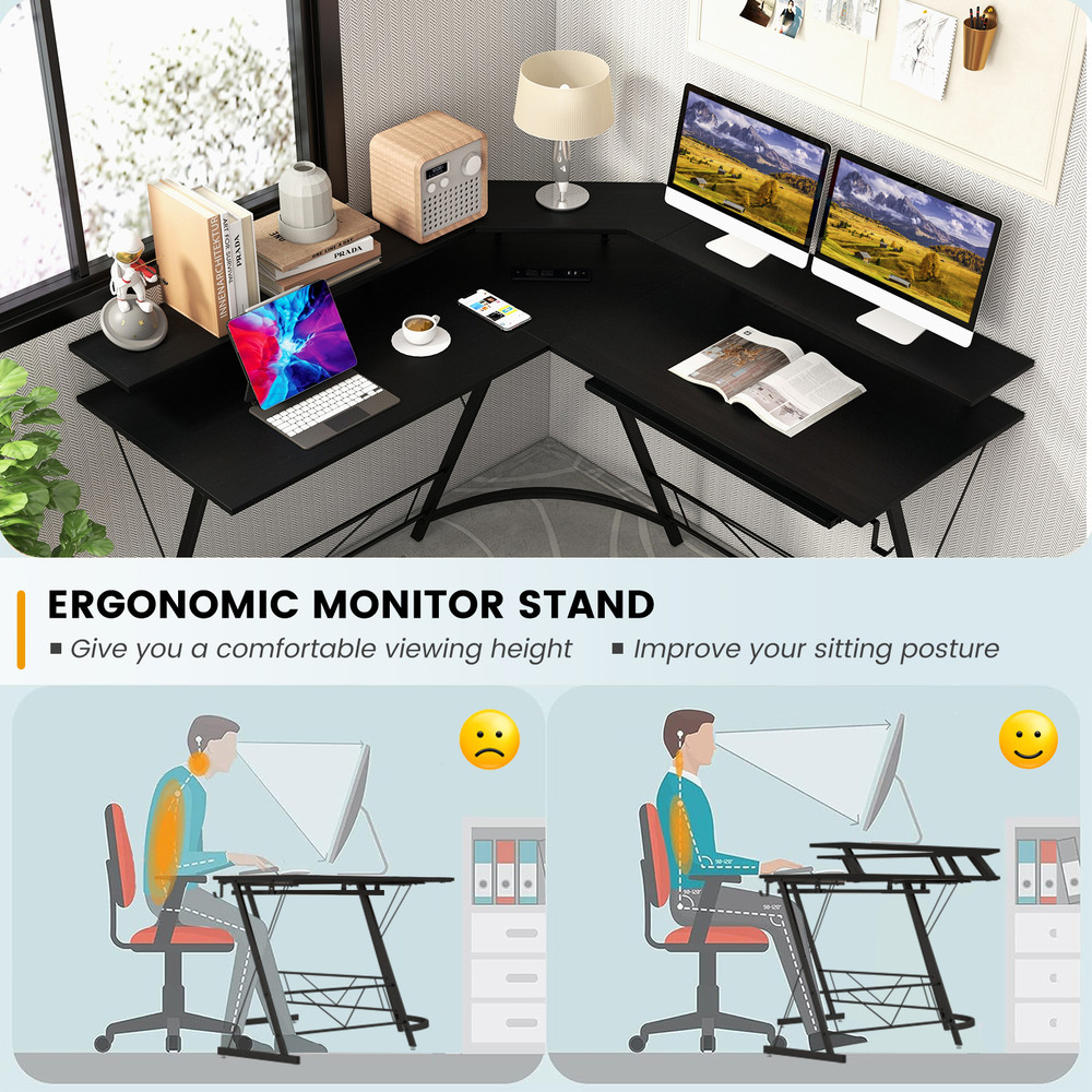 LShaped Computer Desk With Power Outlet And Monitor Stand Large Corner Workstation With Keyboard Tr 3