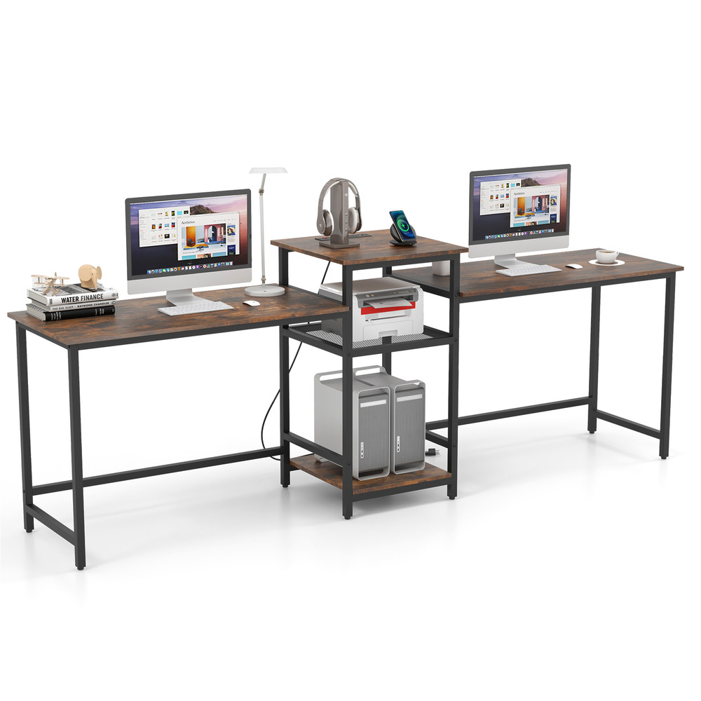 Extra Wide 2Person Computer Desk With Power Outlet And Printer Stand Double Workstation With Storag 6