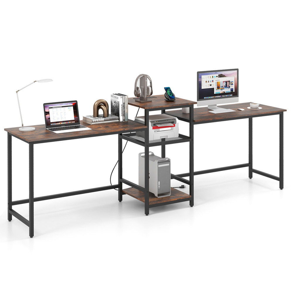 Extra Wide 2Person Computer Desk With Power Outlet And Printer Stand Double Workstation With Storag 5