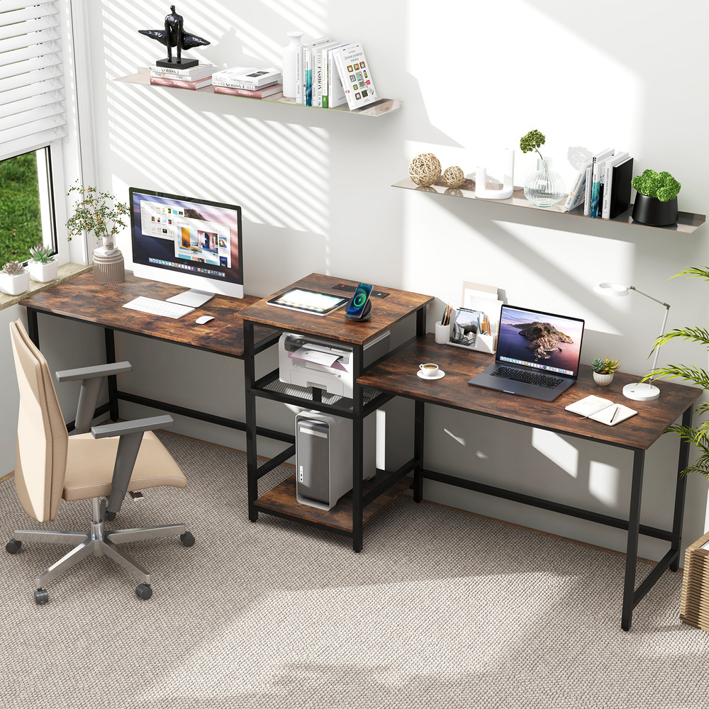Extra Wide 2Person Computer Desk With Power Outlet And Printer Stand Double Workstation With Storag 2