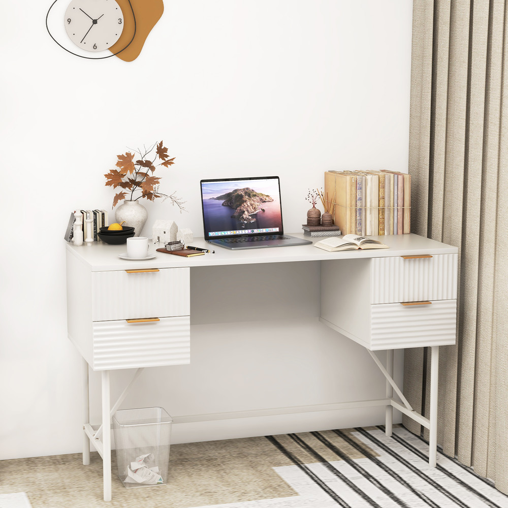 Home Office Computer Desk With Drawers Modern White Writing Table With Storage Metal Frame Workstat 1