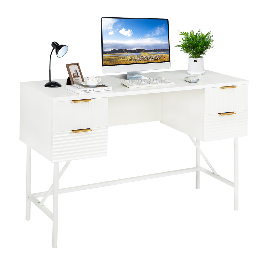 Home Office Computer Desk With Drawers Modern White Writing Table With Storage Metal Frame Workstat 0