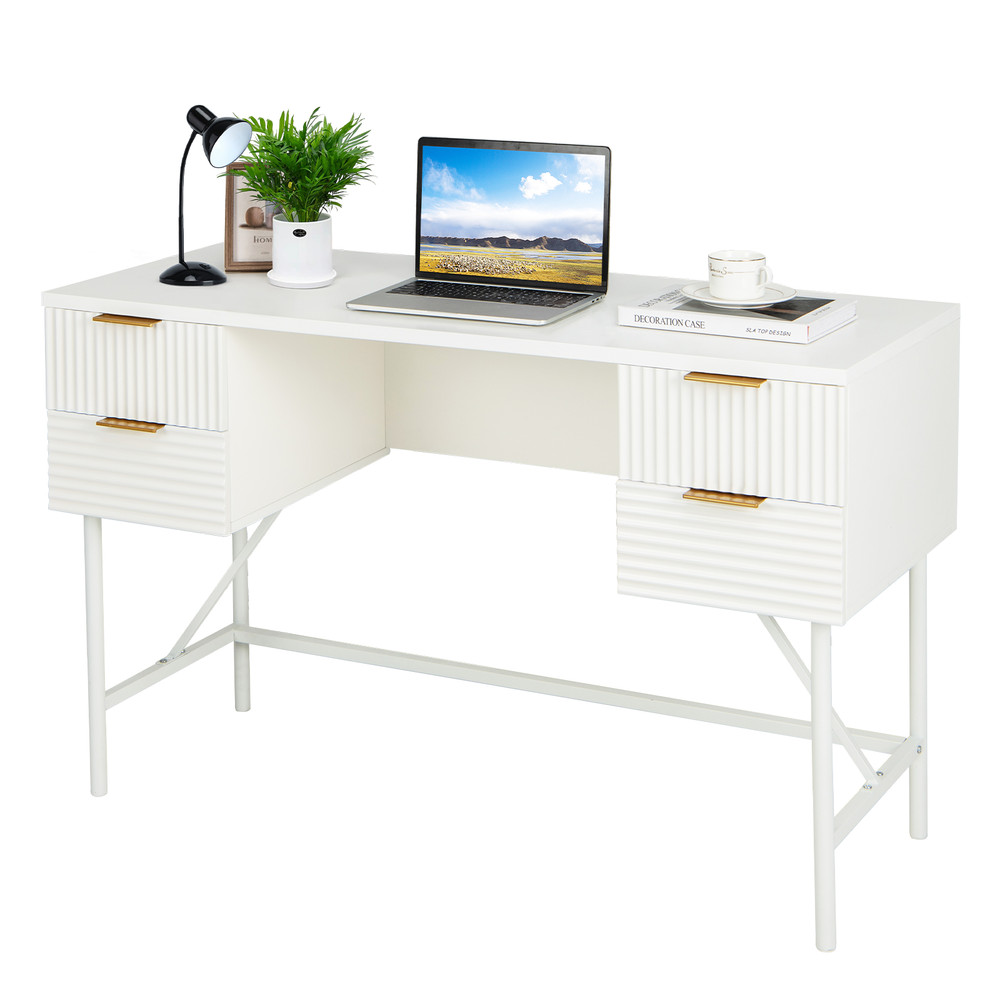 Home Office Computer Desk With Drawers Modern White Writing Table With Storage Metal Frame Workstat 6