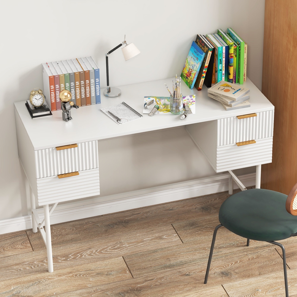 Home Office Computer Desk With Drawers Modern White Writing Table With Storage Metal Frame Workstat 3