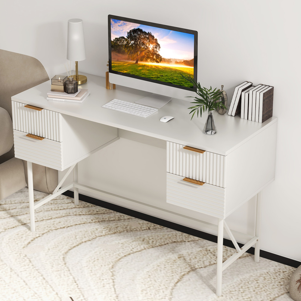 Home Office Computer Desk With Drawers Modern White Writing Table With Storage Metal Frame Workstat 4