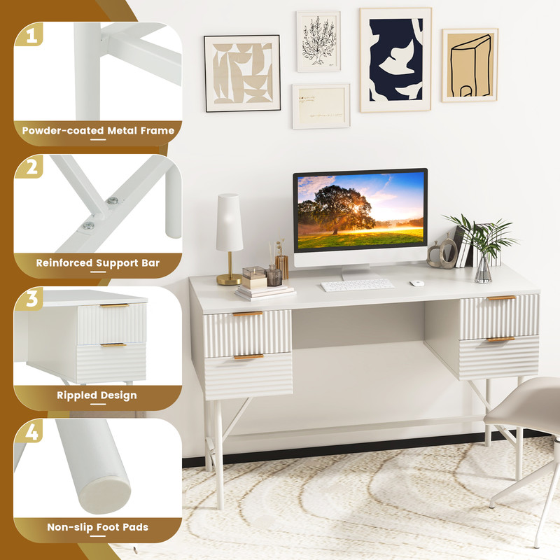Home Office Computer Desk With Drawers Modern White Writing Table With Storage Metal Frame Workstat 5