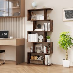 modern 5-tier bookshelf with anti-toppling device, vertical s-shaped bookcase for living room and home office