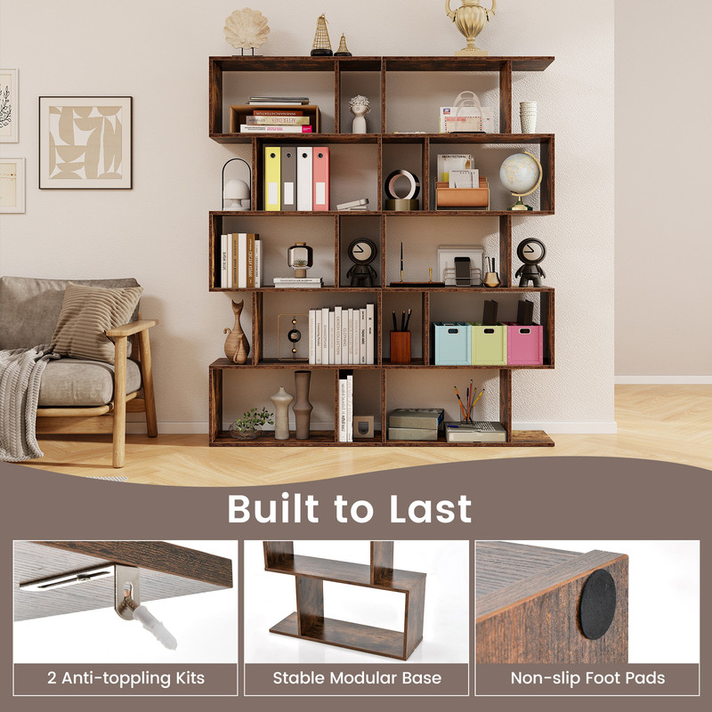 Modern 5Tier Bookshelf With AntiToppling Device Vertical SShaped Bookcase For Living Room And Home 2