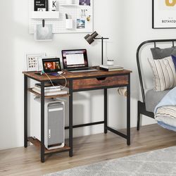 modern computer desk with charging station, drawer & adjustable shelf, home office writing desk with usb ports, type-c