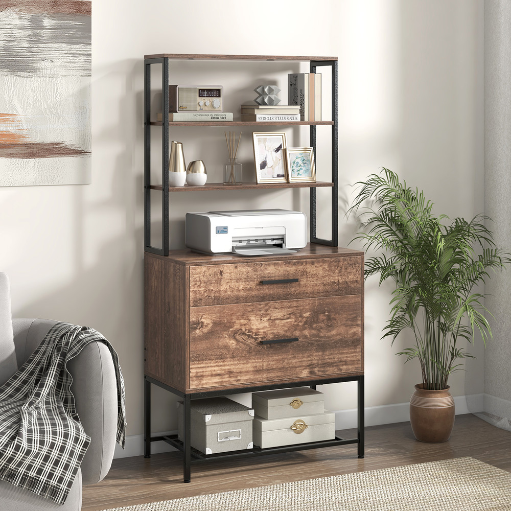 Freestanding File Cabinet With Charging Station 3Tier Open Shelves Drawers Printer Stand  Adjustabl 0