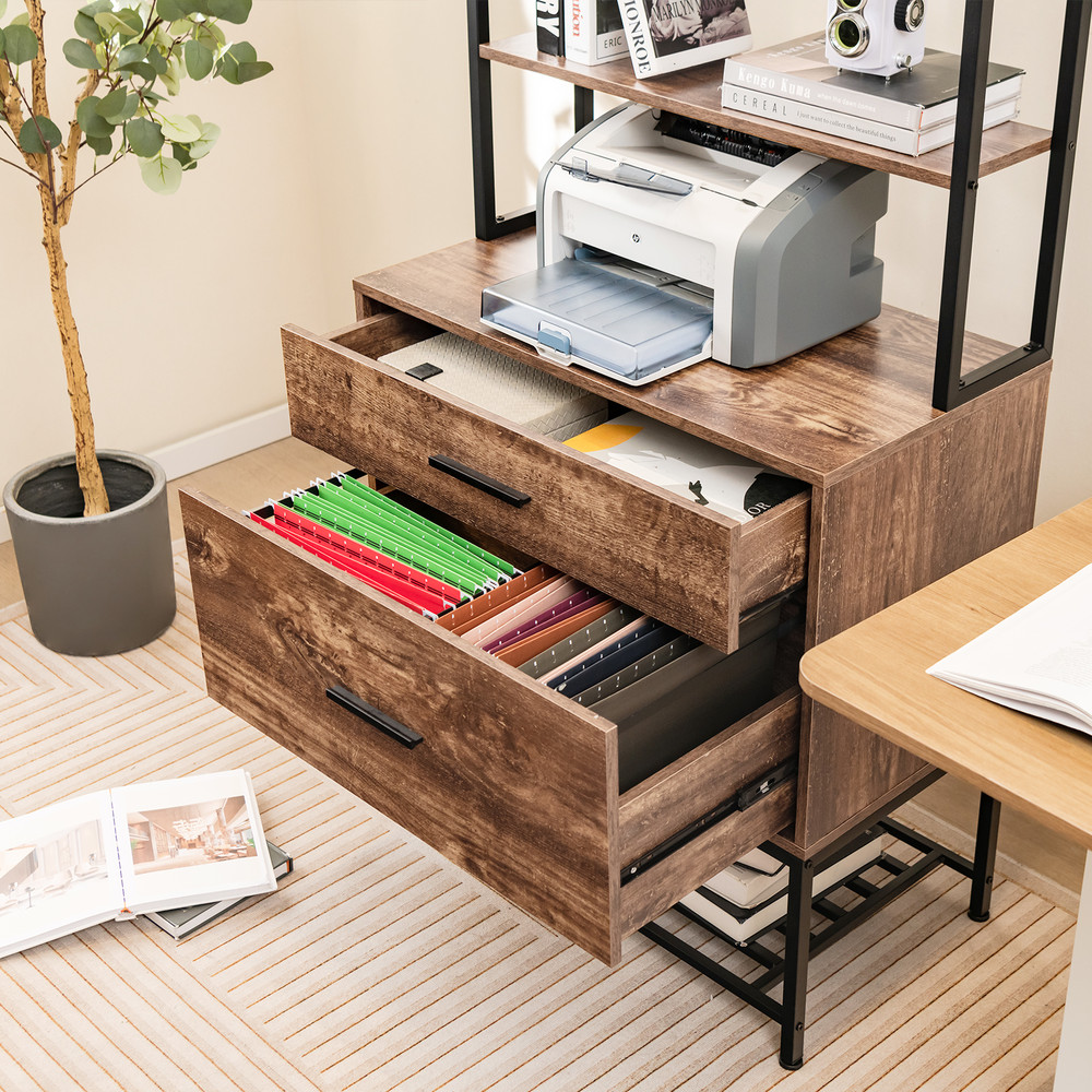 Freestanding File Cabinet With Charging Station 3Tier Open Shelves Drawers Printer Stand  Adjustabl 1