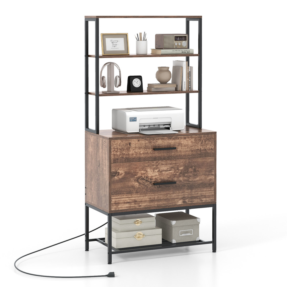 Freestanding File Cabinet With Charging Station 3Tier Open Shelves Drawers Printer Stand  Adjustabl 5