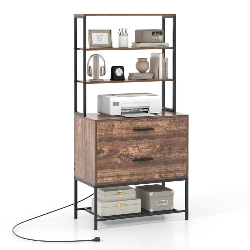 Freestanding File Cabinet With Charging Station 3Tier Open Shelves Drawers Printer Stand  Adjustabl 5