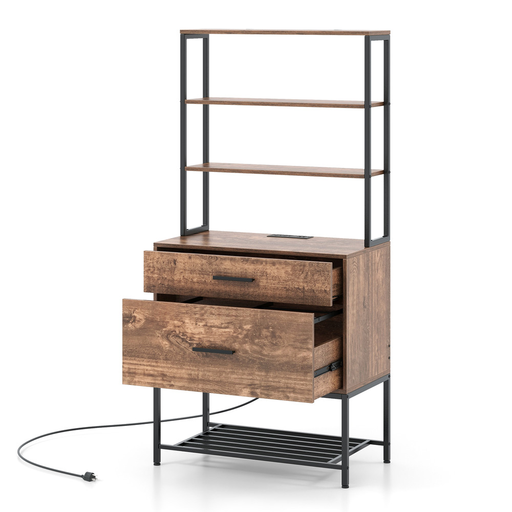 Freestanding File Cabinet With Charging Station 3Tier Open Shelves Drawers Printer Stand  Adjustabl 6