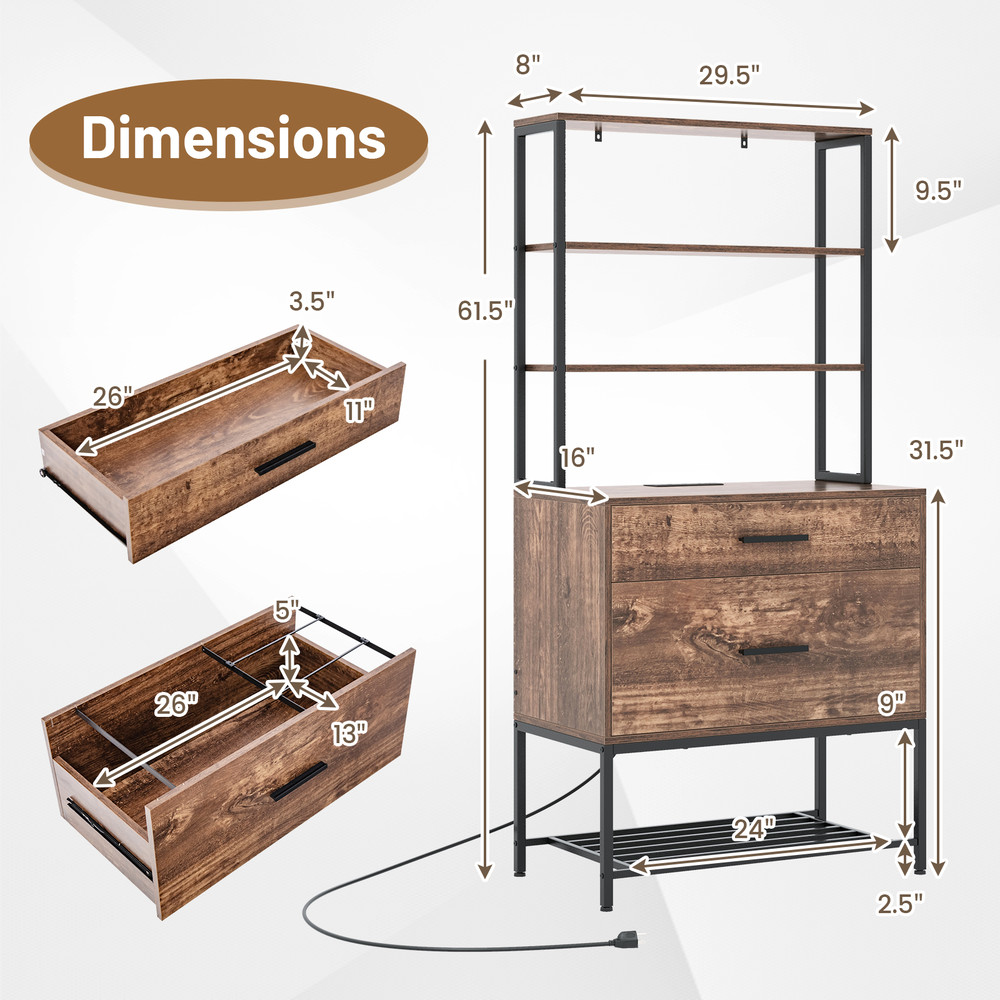 Freestanding File Cabinet With Charging Station 3Tier Open Shelves Drawers Printer Stand  Adjustabl 7