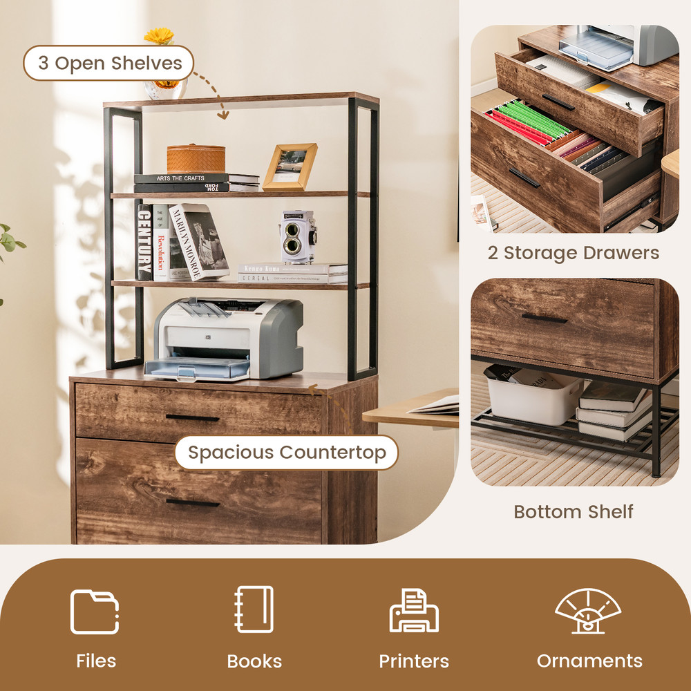 Freestanding File Cabinet With Charging Station 3Tier Open Shelves Drawers Printer Stand  Adjustabl 3