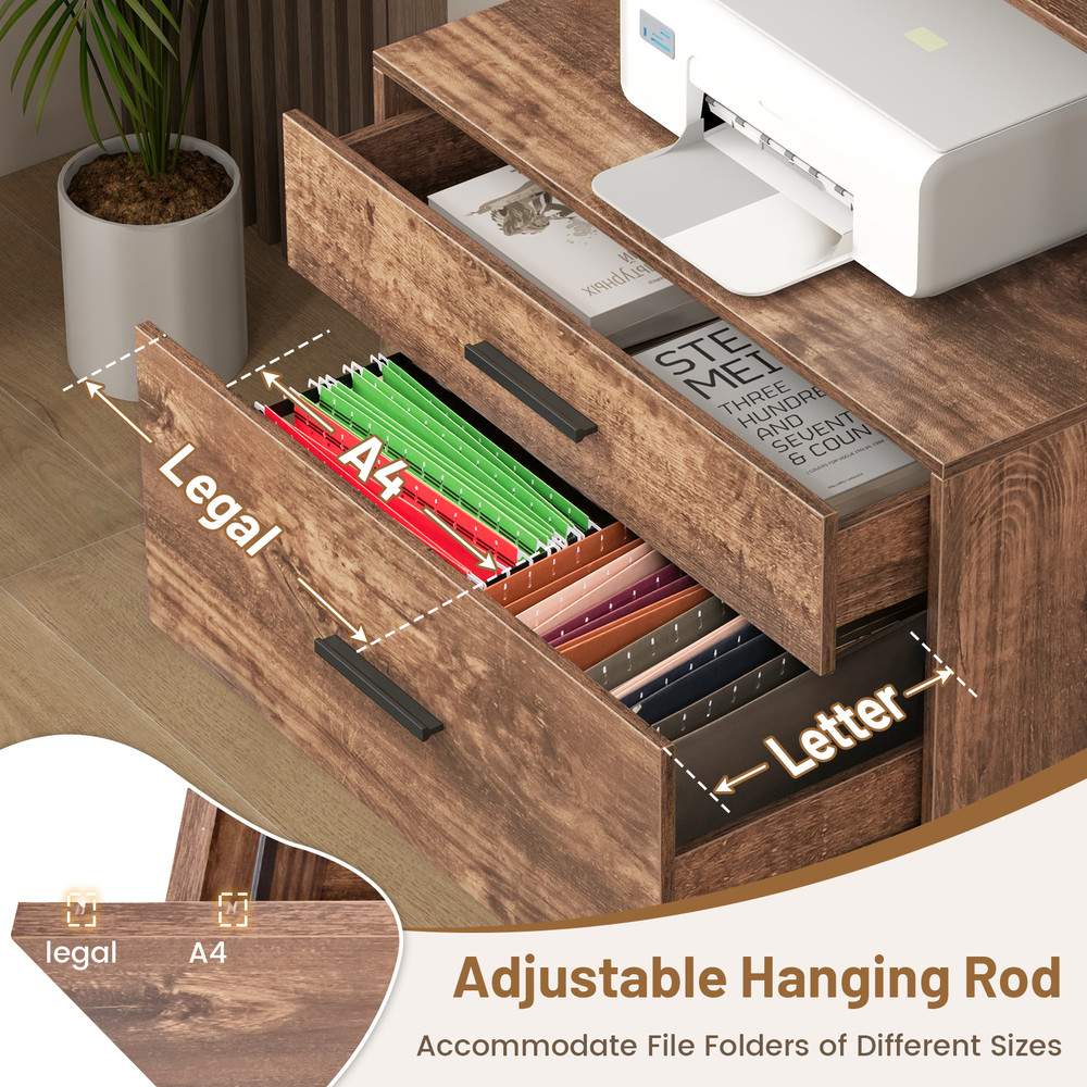 Freestanding File Cabinet With Charging Station 3Tier Open Shelves Drawers Printer Stand  Adjustabl 2