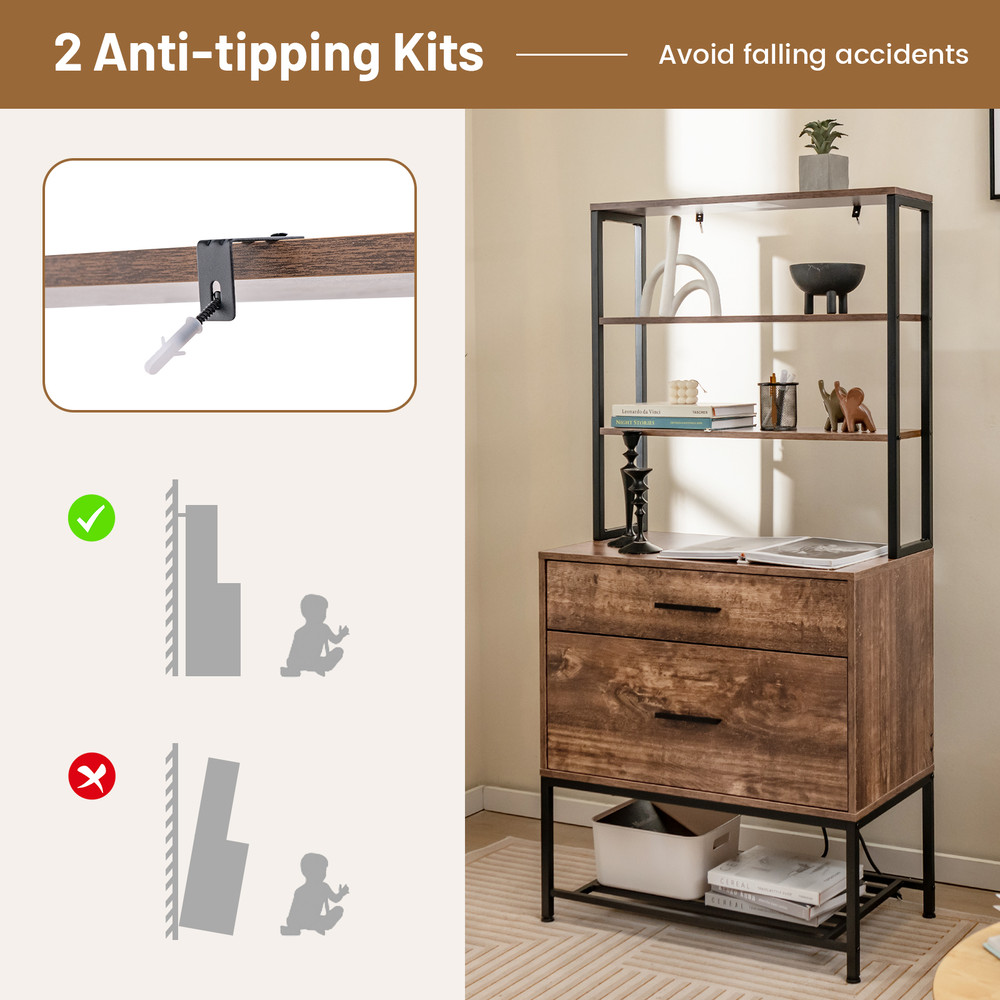Freestanding File Cabinet With Charging Station 3Tier Open Shelves Drawers Printer Stand  Adjustabl 4