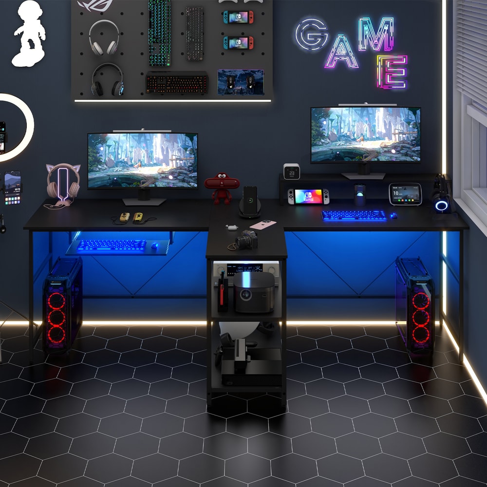 Extra Long 2Person Reversible Computer Desk With LED Lights Power Management Monitor Stand Storage 1