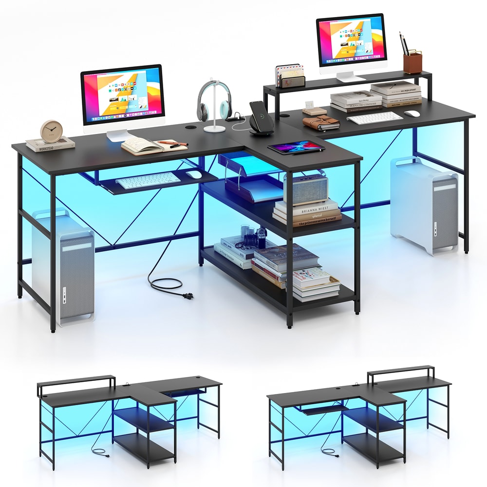 Extra Long 2Person Reversible Computer Desk With LED Lights Power Management Monitor Stand Storage 6