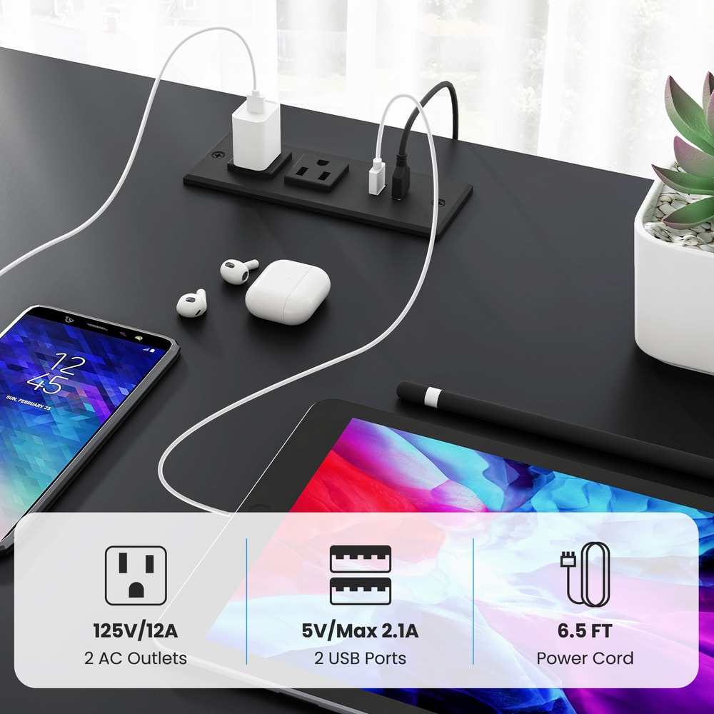 Extra Long 2Person Reversible Computer Desk With LED Lights Power Management Monitor Stand Storage 4