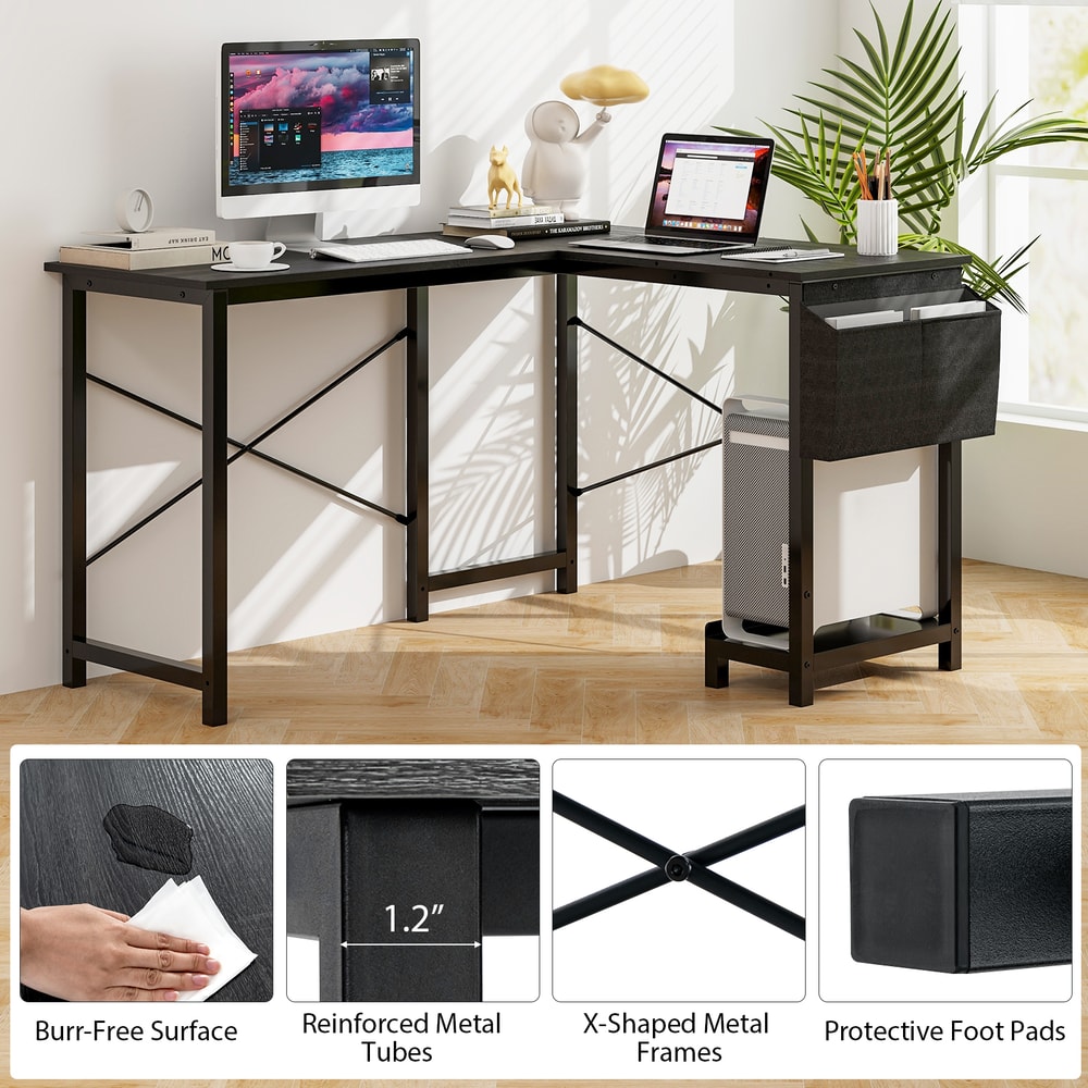 Modern Reversible L-Shaped Computer Desk with Storage Pocket CPU Stand Heavy-Duty Gaming Office Desk for Work, Writing