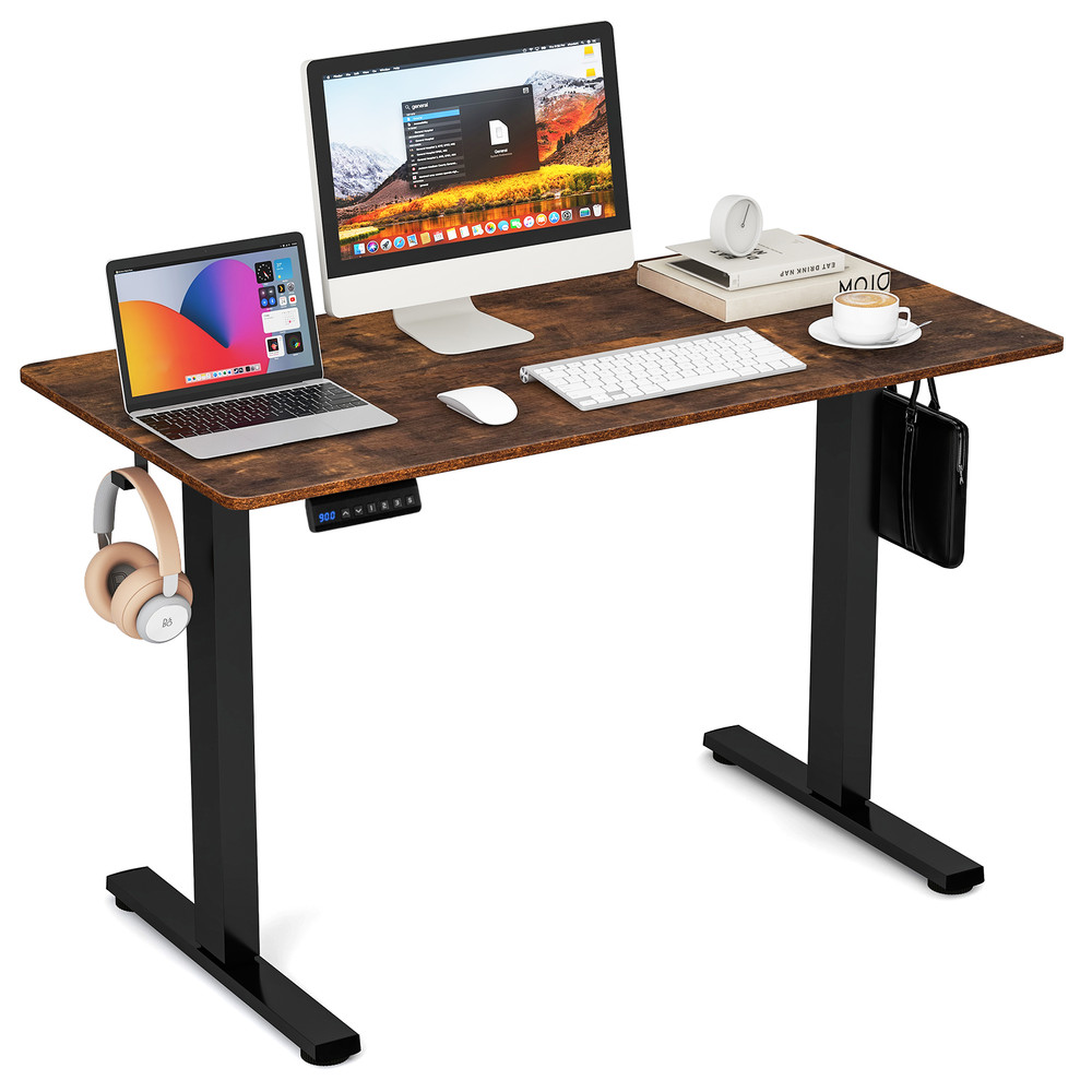 Electric Standing Desk with 3 Memory Height Settings – Adjustable Sit Stand Desk w/ 2 Hanging Hooks & Cable Management