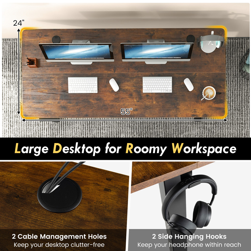 55 x 24 Inches Sit Stand Home Office Desk with 3 Memory Height Settings – Electric Adjustable Standing Desk