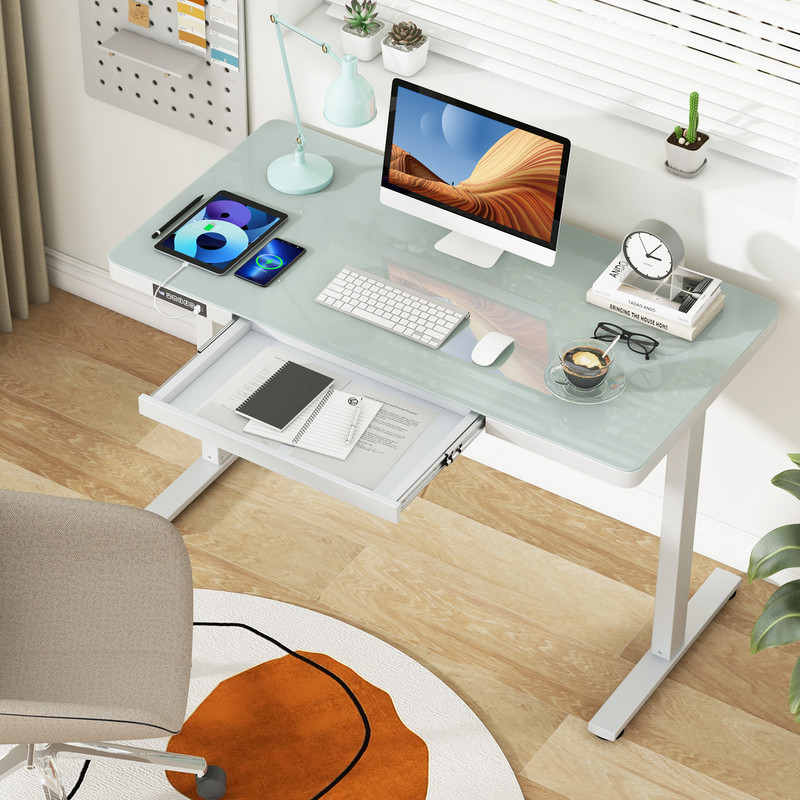 Height Adjustable Electric Standing Desk with Drawer, Glass Top, Charging, Sit Stand Home Office Computer Workstation