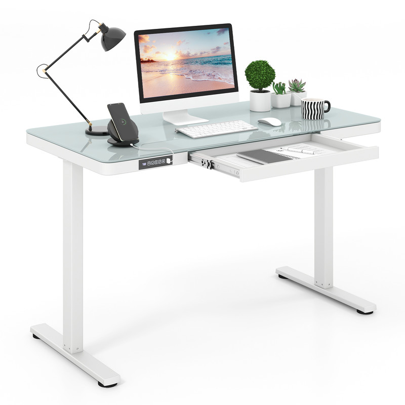 Height Adjustable Electric Standing Desk with Drawer, Glass Top, Charging, Sit Stand Home Office Computer Workstation