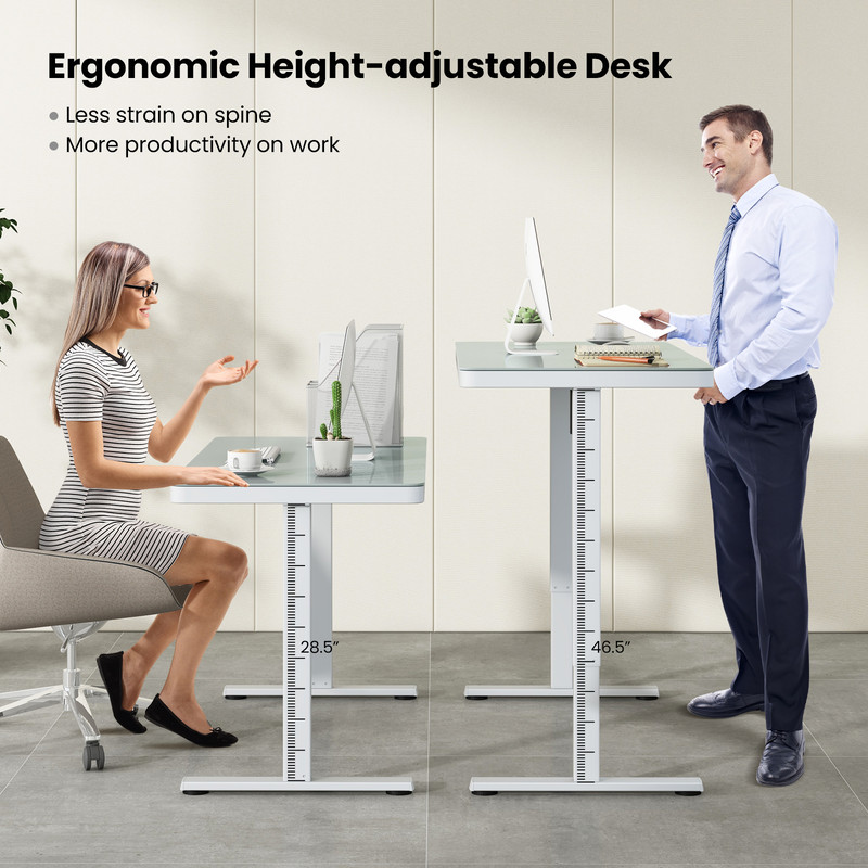 Height Adjustable Electric Standing Desk with Drawer, Glass Top, Charging, Sit Stand Home Office Computer Workstation