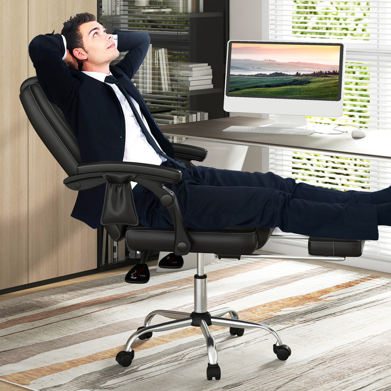 Massage Adjustable Executive Chair With Armrests And Retractable Footrest Ergonomic PU Leather Offi 2