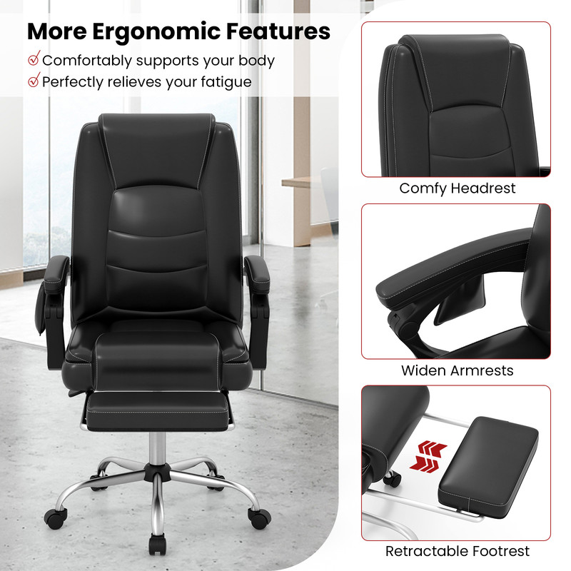 Massage Adjustable Executive Chair With Armrests And Retractable Footrest Ergonomic PU Leather Offi 6