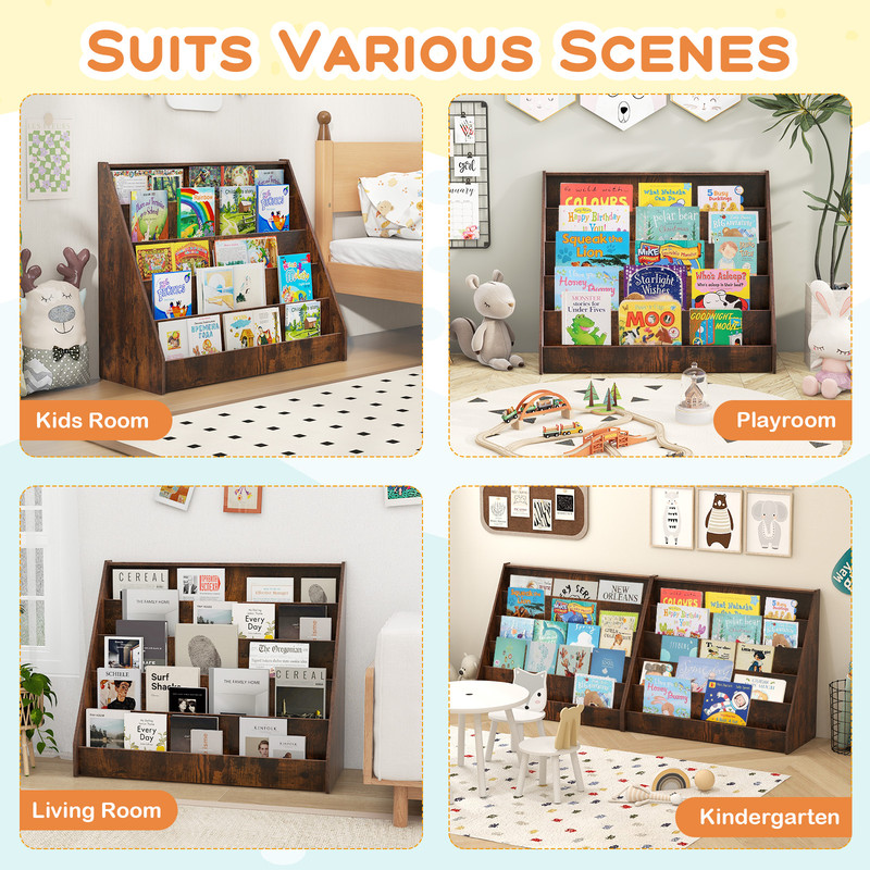 Kids Bookshelf with Deep Compartments, Montessori Wooden Baby Book Case Rack Organizer for Toddlers & Children Reading