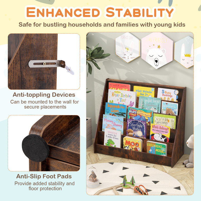 Kids Bookshelf with Deep Compartments, Montessori Wooden Baby Book Case Rack Organizer for Toddlers & Children Reading