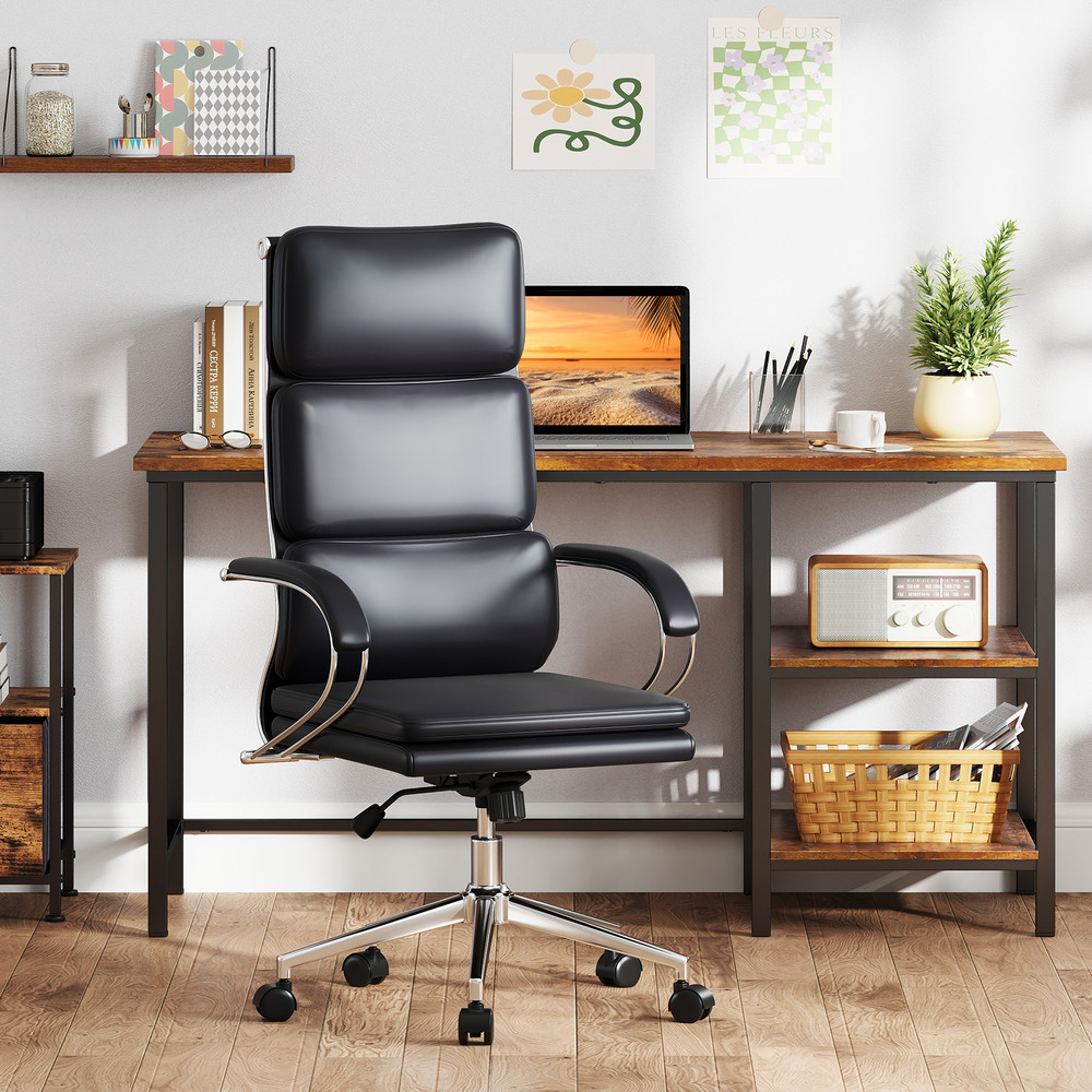 Ergonomic Leather Office Chair with Adjustable Height, Rocking Function, Lumbar Support, and Removable Cushions
